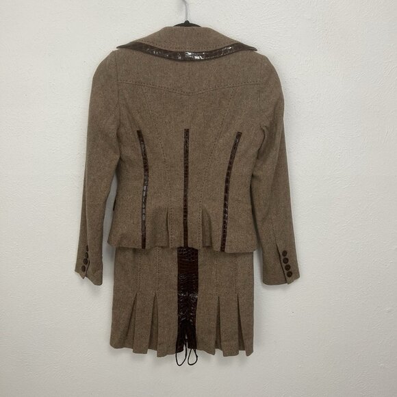 bebe Skirt Suit Set Blazer Vest Brown Tweed Career Sz XS Y2K 2000 Lace VTG Siren - Picture 2 of 13